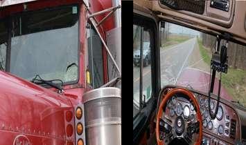 The windshield of a transport truck was damaged by a pop can, hurled from a passing vehicle on Perth-Oxford Rd. Photo courtesy of Oxford OPP.