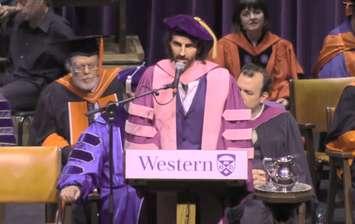 Stephan Moccio addresses graduates at Western University's 313th convocation, June 17, 2019. (Photo from Western University YouTube.)