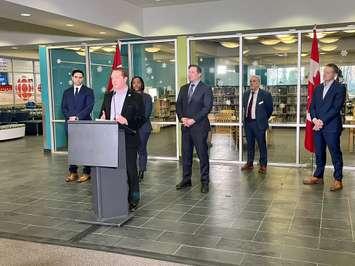 London Mayor Josh Morgan (middle) is joined by Liberal MPs Peter Fragiskatos (far left) and Arielle Kayabaga, Public Safety Minister Marco Mendicino and LPS Chief Steve Williams (far right) to announce funding aimed at reducing gun violence in London. Photo via @pfragiskatos on Twitter.  