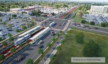 Artist rendering of BRT lanes on Wellington Rd. at Commissioners Rd.(Rendering may not represent final design) Rendering courtesy of the City of London.