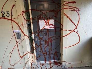 The front door of London North Centre MP Peter Fragiskatos' constituency office on October 22nd, 2023. The office was vandalized with ketchup during a pro-Palestinian protest. (Courtesy office of Peter Fragiskatos)