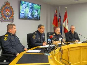 A news conference was held on October 2, 2018 at London Police Headquarters to address the city's "fake homecoming" event on Broughdale Avenue.  From left to right : Deputy Fire Chief Jack Burt, Police Chief John Pare, Middlesex-London Paramedic Service Chief Neal Roberts, Chief Municipal Bylaw Enforcement Officer Orest Katolyk. (Photo by Miranda Chant, Blackburn News)