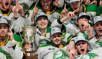 London Knights players celebrating their OHL title win, May 15, 2024. Photo from @OHLHockey on X.