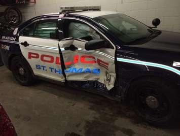 Photo of a St. Thomas Police cruiser involve in a crash on January 11, 2015. Photo courtesy of St. Thomas Police. 