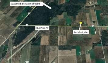Map showing the collision site in relation to the intended destination (Runway 23), and assumed direction of flight (right base leg for Runway 23) (Source: Google Earth, with TSB annotations)
