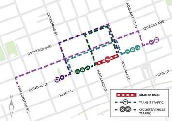 Dundas Street will be closed between Maitland and William streets from December 5 to 16. Image courtesy of the City of London.