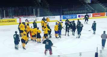 Players participate in a scrimmage during the first day of the London Knights` mini training camp at Budweiser Gardens, April 21, 2018. Photo courtesy of London Knights` official Twitter account.