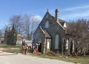 London firefighters work on a suspicious fire at the Chapel of Hope on 850 Highbury Avenue North. April 8, 2021. (Photo courtesy of London Fire Department) 