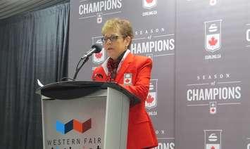 Curling Canada board governor Donna Krotz  announces London will host the 2020 Continental Cup of Curling at the Western Fair District Sports Centre, March 28, 2019. (Photo by Miranda Chant, Blackburn News)