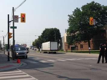 A transport truck hit a pedestrian at the intersection of Dundas and Adelaide. July 6, 2015. Photo by Victoria Sartor. 