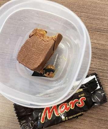 A razor blade was found inside a small chocolate bar a London teen received while trick-or-treating. Photo courtesy of London police.
