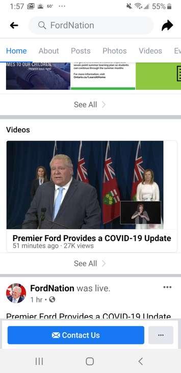 Ontario Premier Doug Ford and Transportation Minister Caroline Mulroney address the media on May 20, 2020. Screengrab courtesy Facebook.