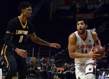 Kevin Loiselle of the Windsor Express goes in for a shot against Mo Bolden of the London Lightning at the WFCU Centre in Windsor, March 25, 2018. Photo courtesy of Windsor Express.
