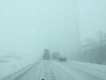 Snow squalls and whiteout conditions on Hwy. 402 near Strathroy, January 4, 2018.  Submitted photo.