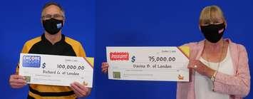 Richard Goldrup and Davina Baillie show off their lottery winnings at the OLG Prize Centre in Toronto. Photos courtesy of OLG.