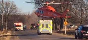 An air ambulance leaves the scene of a fatal crash on Adelaide St., north of Fifteen Mile Rd., March 21, 2017. Photo  courtesy of OPP.
