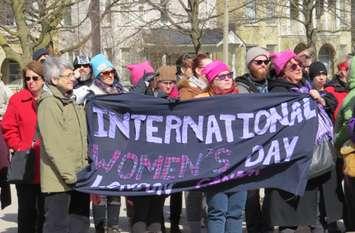 Londoners gathered in Victoria Park for International Women's Day rally, March 8, 2017. (Photo by Miranda Chant, Blackburn News.)