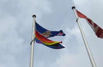The pride flag flying at London police headquarters at 601 Dundas Street, July 18, 2019. (Photo by Miranda Chant, Blackburn News.) 