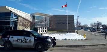 Stratford police investigate stabbing outside of Little Falls Public School in St. Marys, February 12, 2020. Photo courtesy of Stratford police.