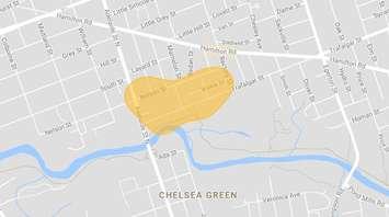 Screen shot of London Hydro outage map showing customers affected by power outage due to LTC bus crash, August 14, 2017.