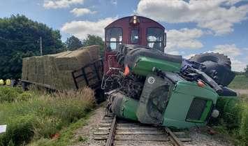 A tractor collided with a train on Daniel Road west of Plank Line in South-West Oxford, July 14, 2020. Photo courtesy of Oxford OPP.