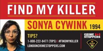Billboards appealing for information about the murder of  Sonya Cywink are going up at two London intersections. Image courtesy of Elgin OPP.