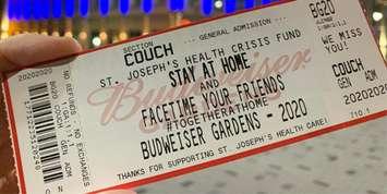 A souvenir ticket being offered by Budweiser Gardens during the pandemic to raise funds for St. Joseph's Health Crisis Fund. Photo courtesy of Budweiser Gardens.