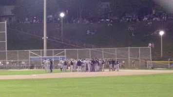 The London Majors and the Toronto Maple Leafs face off on the field after an incident during Game 4 of the IBL semifinal, August 24, 2016. (Photo courtesy of Stéphane Demers via Twitter)