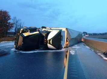 A transport truck overturned in the westbound lanes of Hwy. 401 between Sweaburg Rd and Foldens Ln. 3, October 20, 2016. Photo courtesy of Oxford OPP.