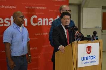 Unifor national president Jerry Dias discusses the talks with GM with the media, accompanied by Colin James, president of Unifor Local 222, left, and Greg Moffatt, GM Oshawa plant chair, at the Unifor Local 444/200 hall in Windsor on December 20, 2018. Photo by Mark Brown/Blackburn News.