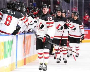 Team Canada against Czechia at the 2022 World Juniors in Edmonton, Alberta. December 26, 2021. (Image via IIHF.com)