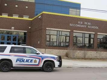 London police cruisers park in front of H.B. Beal Secondary School, November 21, 2022. (Photo by Craig Needles, Blackburn Media)