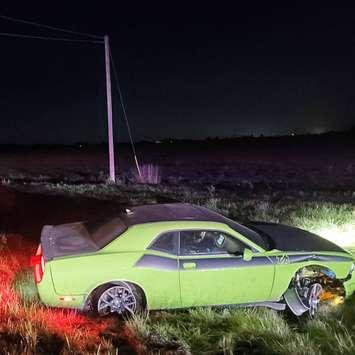 A Dodge Challenger believed to have been stolen is shown in Aylmer on October 6, 2020. Photo provided by London Police Service/Twitter.