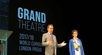 Grand Theatre Artistic Director Dennis Garnhum and Executive Director Deb Harvey announcing a $1-million donation from Helen and Andy Spriet at the Grand, March 9, 2017. (Photo by Miranda Chant, Blackburn News.) 