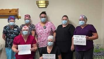 Staff at Fairfield Park Nursing Home in Wallaceburg saying Thank You. February 23, 2021. (Photo via Fairfield Park)