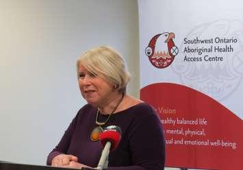Deputy Premier Deb Matthews speaking at the Southwest Ontario Aboriginal Health Access Centre in London, March 16, 2017. (Photo by Miranda Chant, Blackburn News.)