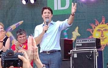 Prime Minister Justin Trudeau speaks to the crowd at the opening of the 25th annual Sunfest in Victoria Park in London, June 4, 2019. Photo by Ryan Valdron.