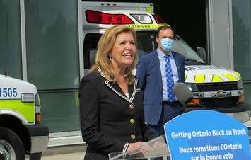 Ontario Health Minister Christine Elliott speaking outside of Middlesex-London Paramedic Services headquarters, July 23, 2020. (Photo by Miranda Chant, Blackburn News)
