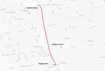 Ditch work will close Highbury Ave. between Hamilton Rd. and the 401 for eight hours on Wednesday. Image courtesy of the City of London.