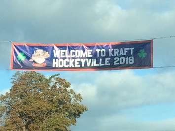 A banner hanging over Hwy. 4 in Lucan welcomes people to the Kraft Hockeyville event. Photo by Scott Kitching. 