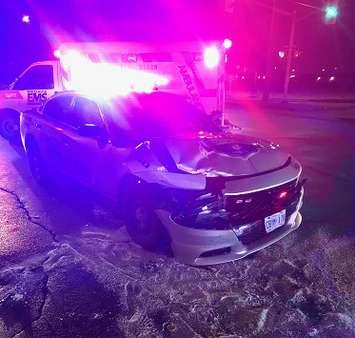 A St. Thomas police cruiser was severely damaged in a crash at First Avenue and Talbot Street, December 4, 2019. Photo courtesy of St. Thomas police.