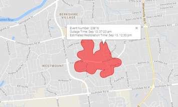 A power outage in London's Westmount area is affecting more than 500 customers.
 September 13, 2017.
 (Photo courtesy of London Hydro)
