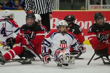Photo of Canada-US game at the 2015 World Sledge Hockey Challenge. Photo by Connormah, used with a Creative Commons licence. 
