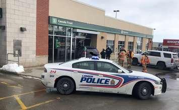 Emergency crews on the scene of a vehicle crash at the TD on 3030 Colonel Talbot Road. (Photo courtesy of London Fire Department.)