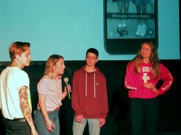 Canadian singer Scott Helman and comedian Jackie Pirico with student volunteers at White Oaks Public School at #RiseAbove rally, October 12, 2017. (Photo by Miranda Chant, Blackburn News)