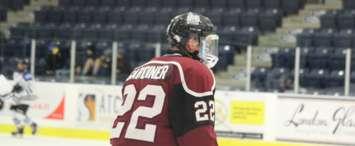 Chatham Maroons forward Nolan Gardiner warms up ahead of a game against the London Nationals. October 2018. (Photo by Matt Weverink)