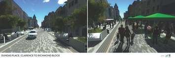Dundas Place, Clarence to Richmond block.
Rendering on left depicts Clarence to Richmond open to vehicles.
Rendering on right depicts Clarence to Richmond setup for an event. Artist rendering courtesy of the City of London.