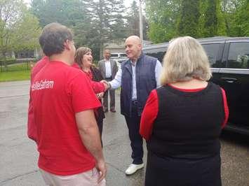 Ontario Liberal Leader Steven Del Duca greets London North Centre candidate Kate Graham and other supporters, campaigning on May 18th, 2022. (Craig Needles)