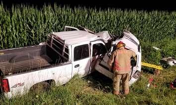 A pickup truck and SUV sit in a ditch after a crash on McDowell Rd. West in North Walsingham, July 25, 2018. Photo courtesy of Norfolk OPP.