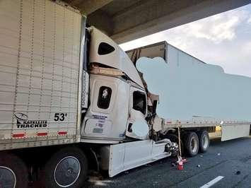 Police respond to a serious crash involving two transport trucks on Highway 401 in Dutton, July 5, 2019. (Photo courtesy of the OPP)